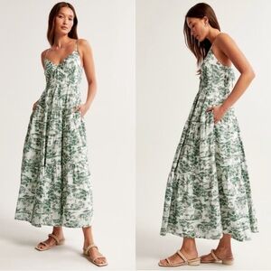 Abercrombie & Fitch Flowy Tiered Maxi Dress Tropical Green Toile Large TALL